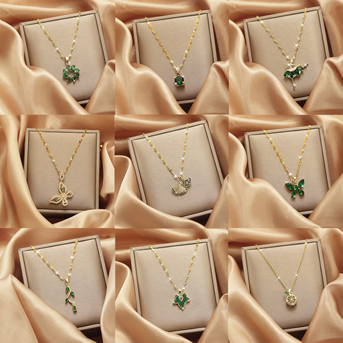 Korean version of green series titanium steel necklace for women, versatile, high-end, non-fading, hot girl temperament, clavicle chain jewelry wholesale