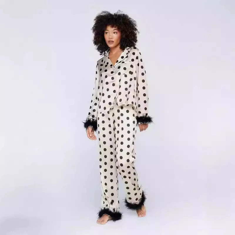 2024 осень европейская и американская ледяная шелковая пижама модная птичья шерстяная рубашка длинные брюки свободные два комплекта перьев домашняя одежда женщина