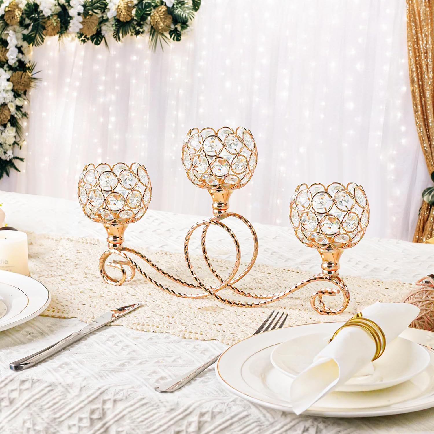 Enchapado de metal moderno nórdico 3 cabezas 5 brazos combinación candelabro de cristal elegante mesa de boda centro decoración candelabro