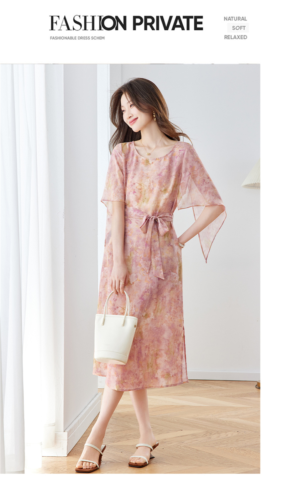 Đầm maxi nữ thắt eo in họa tiết hoa tay ngắn dáng suông che khuyết điểm — xanh lam, Màu hồng chi tiết 12