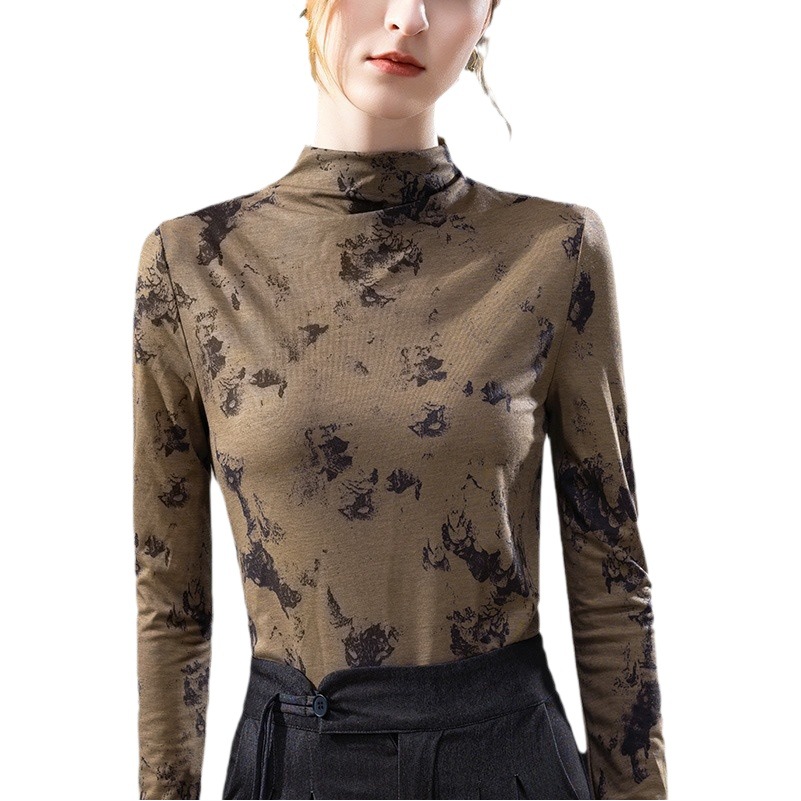 Camisa de fondo de cuello alto de las mujeres 2023 nuevas mujeres vintage impreso estilo occidental pequeña camisa elegante Cintura interior apretada superior image 1