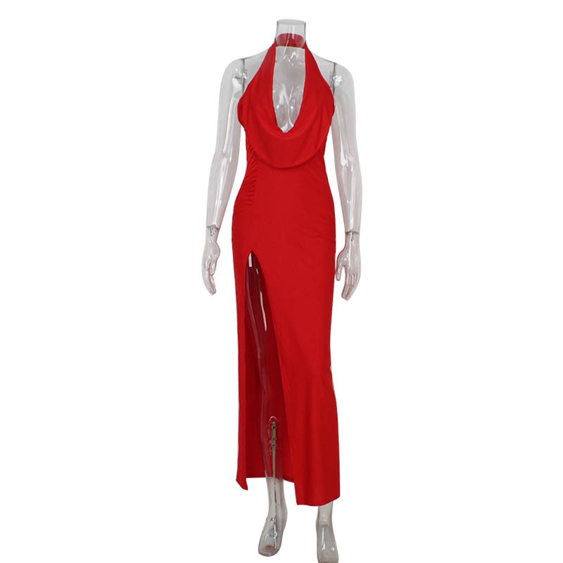 Women Clothing Sleeveless Halter Deep V Plunge Sexy High Slit Backless Sexy Dress Red Carpet Dress