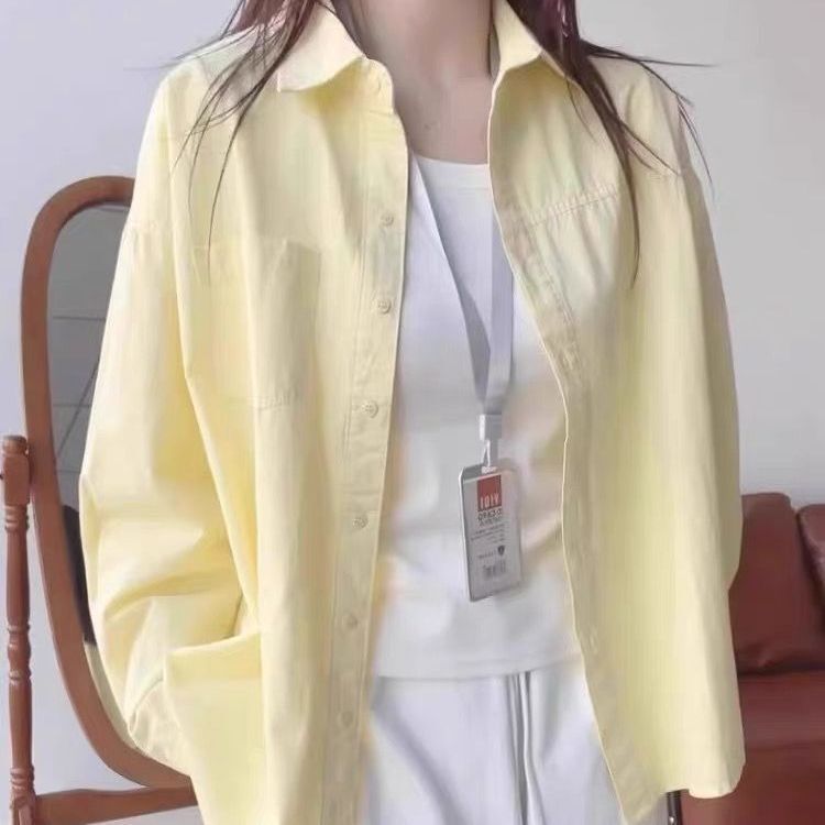 纯棉蓝色衬衫女春秋新款小清新宽松休闲百搭显瘦通勤衬衣外套上衣|undefined