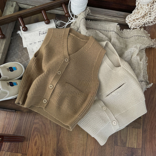  Spring and Autumn New Children's Apparel Korean Style Honeycomb Pocket Knit Cardigan Vest for Boys and Girls Solid Color Simple Knit Jacket Outerwear