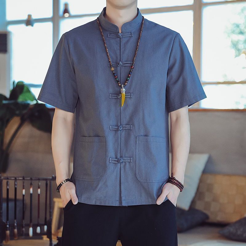 Camisa china de manga corta con cuello alto para hombre, traje Tang juvenil, camisa con bolsillo, top de estilo chino, traje de té de color sólido