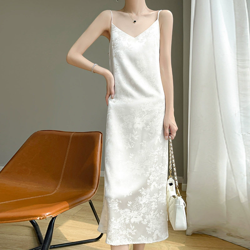 2024 лето новый ацетат атласный V-образный подтяжка платье женственность жаккардовая юбка длинная юбка