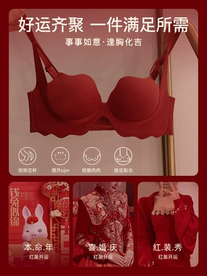 Zodiac year red underwear for women with small breasts without steel rings, pull-up and push-up  autumn and winter new wedding bra set