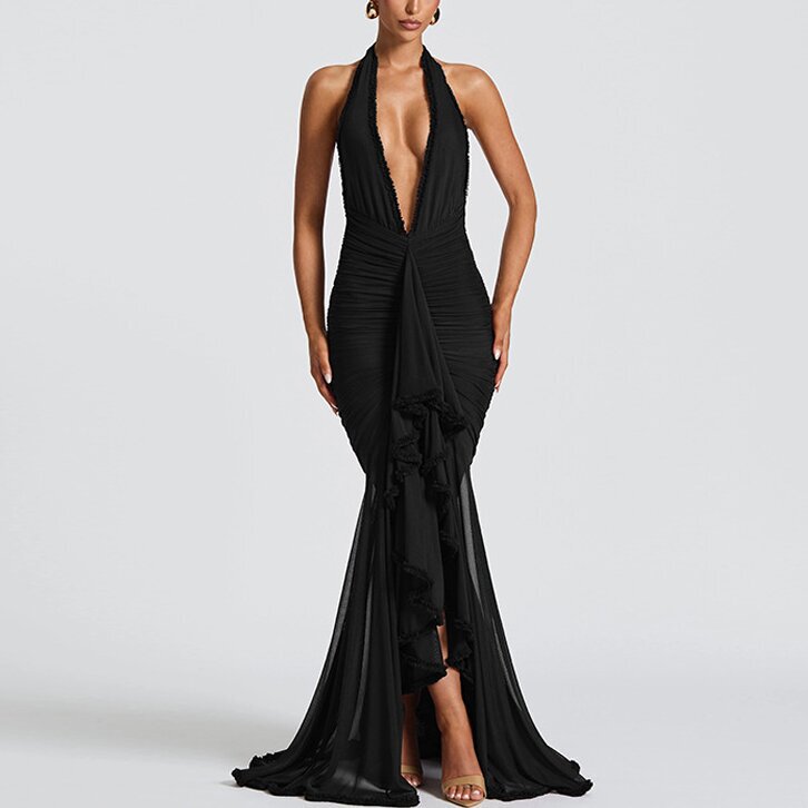 Independent Station European and American 2025 New Mesh Splicing Elegant Dress V Neck Halterneck Exposed Backpack Hip Long Skirt Dress