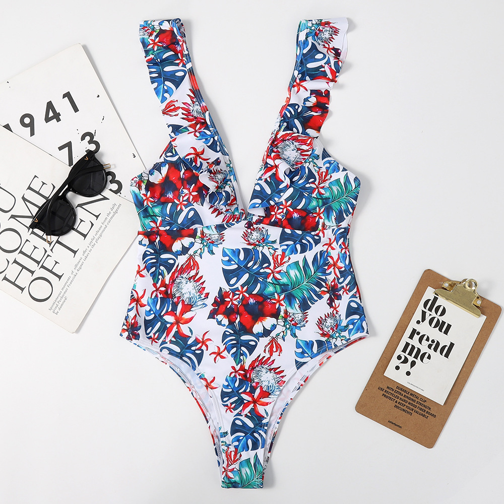 printed sling lotus leaf one-piece swimsuit  NSHL38174