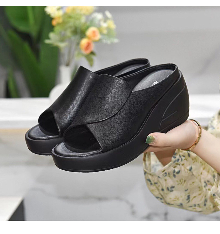 Dép lê quai ngang đế xuồng da thật, gót cao 7 cm, phong cách thời trang mùa hè — Màu đen chi tiết 5