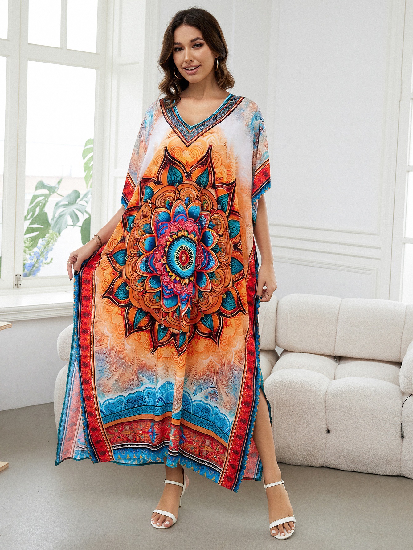 Rochie de plajă lungă kimono dama boho viscoză tie-dye_voghion.com