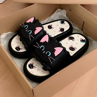 Personalized Sandals for Summer Outer Wear, Casual Internet Celebrity Soft-Soled Ladies' Sweet and Cool Little Black Cat Outdoor Slippers, Popular Style
