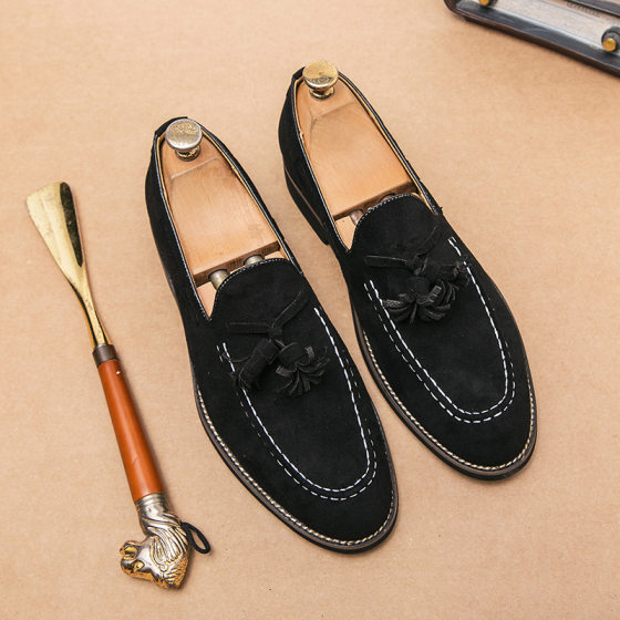 2025 Loafers Men's Korean Style Fashionable British Tassel Men's Shoes Suede Frosted Pedo Shoes Slip-on Shoes