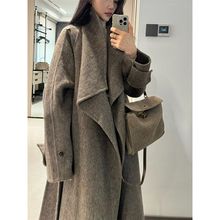 韩版时髦设计感高领风衣外套秋冬季新款复古气质中长款毛呢大衣女