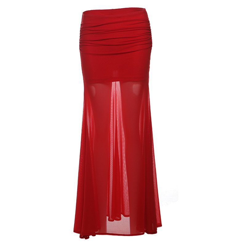 Hot rose red mesh patchwork semi-transparent skirt for women, fashionable slim-fit versatile long skirt