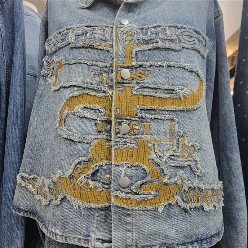 2026 nuevo desgaste a mano de la industria pesada estilo nacional retro bordado denim abrigo corto de manga larga con solapa camisa tipo blusa image 4