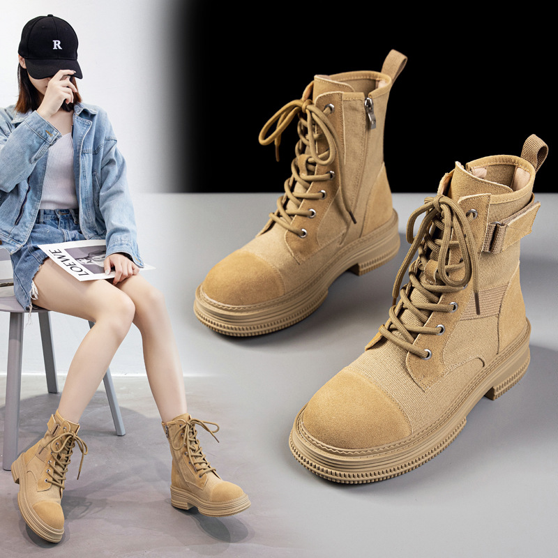 Canvas Martin Boots for Women 2026 New Summer Boots Outdoor Genuine Leather Single Boots Hiking Shoes Desert Boots Thick-Soled Short Boots