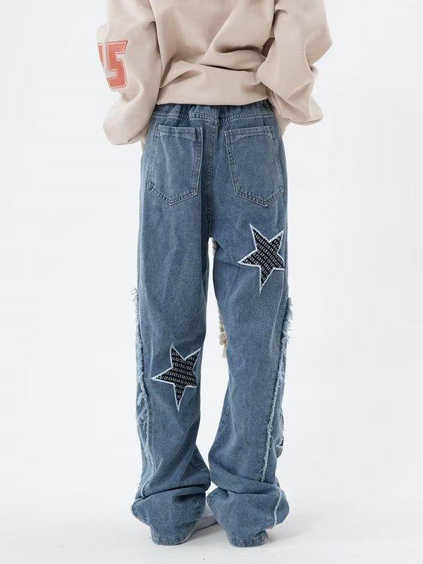 High Street Flared Ripped Light Blue Jeans Couple Loose Patchwork Casual Pants Men Hip Hop 2025 Trend_viptrois.com