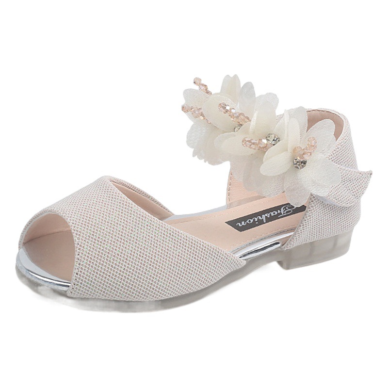 Summer New Children's Sandals Girls' Stylish Rhinestone Flower Fishmouth Princess Shoes Little Girl's Soft Sole Dance Shoes