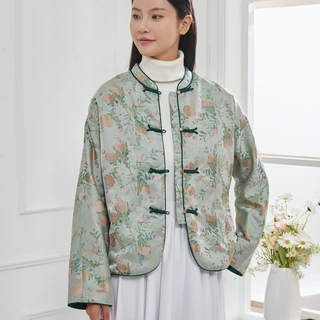 国风新中式秋冬季新款蚕丝填充外套四搭扣款立领长袖保暖上衣女装
