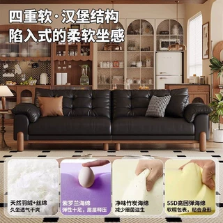 中古风实木沙发客厅小户型沙发直排云朵真皮沙发复古黑色皮艺沙发