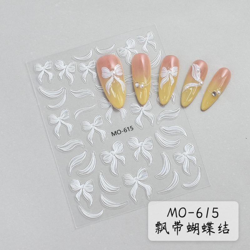 飘带蝴蝶结美甲贴纸浮雕立体跨境新品纯白粉色幻彩diy穿戴指甲贴|undefined