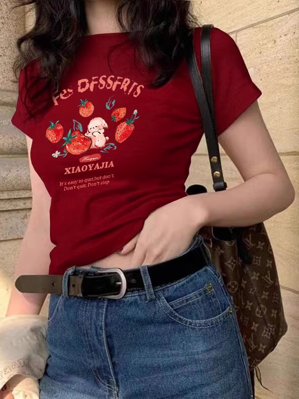 アメリカンレトロショルダー漫画イチゴバニー半袖Tシャツレディース夏の新しい甘いホットガールカジュアル多用途トップ|undefined