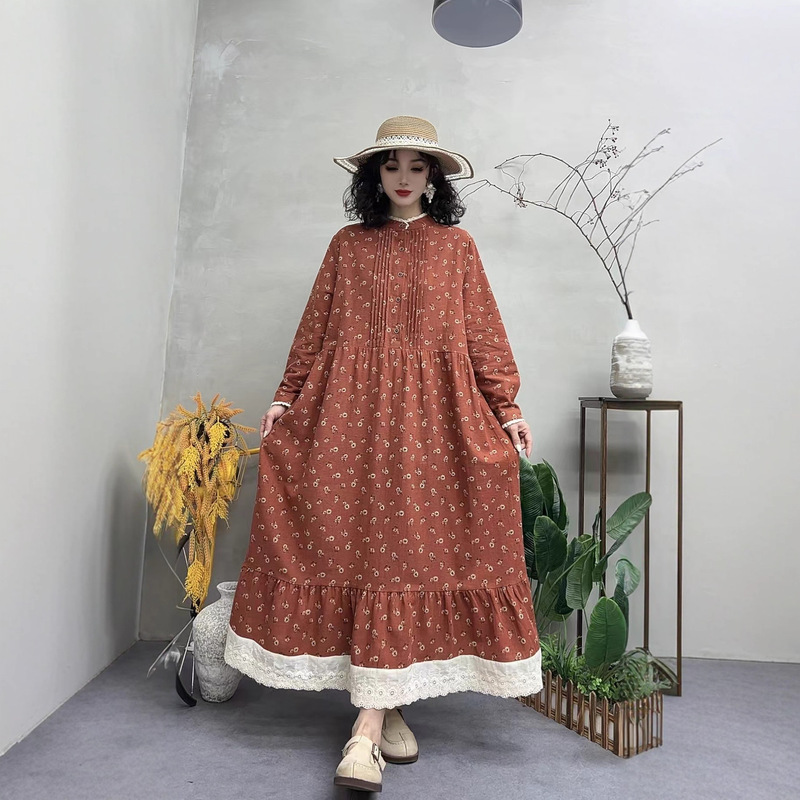 2026 Spring Large Size Cotton and Linen Extended Floral Long Dress with Ruffled Hem, Women's Country Style Dress