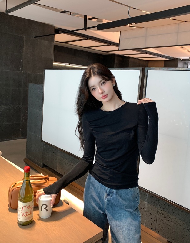 alex stevens双层皱褶羊毛针织打底衫女春秋修身显瘦内搭t恤上衣|undefined