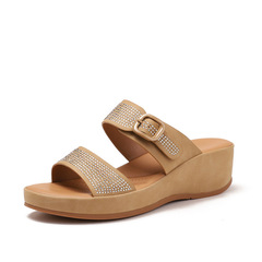 水鑽坡跟拖鞋女外穿東南亞跨境波西米亞民族風羅馬度假一字帶涼拖