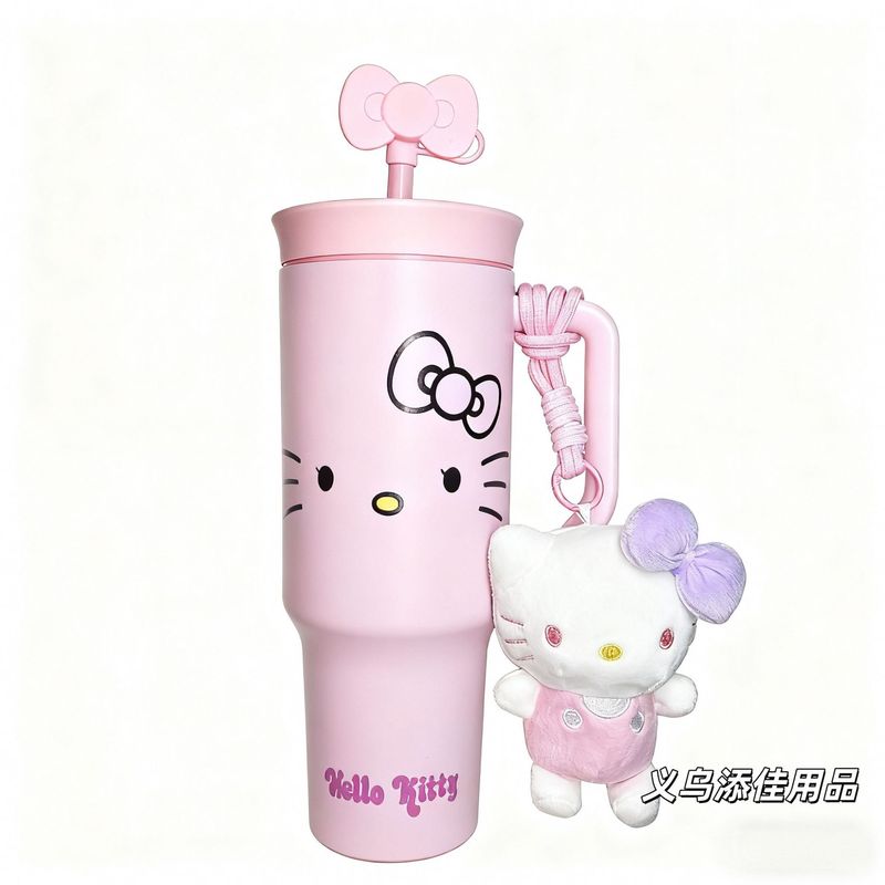 野兽派欧阳娜娜同款黑皮豹纹HelloKitty巨无霸保温吸管不锈钢水杯|undefined