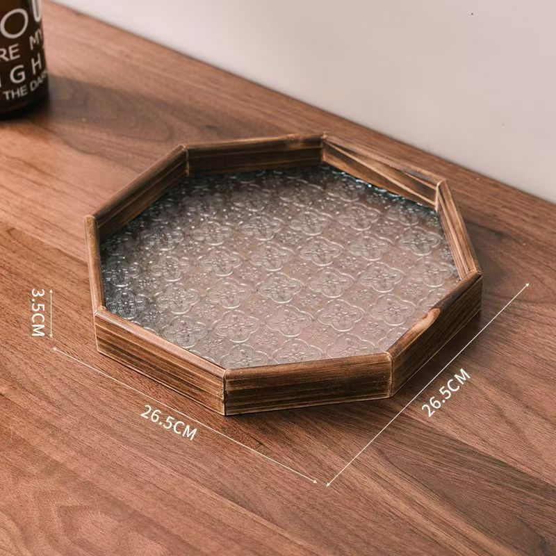 Luz de lujo retro bandeja octagonal sala de estar mesa de vidrio platos de taza de madera para el hogar bandeja de té