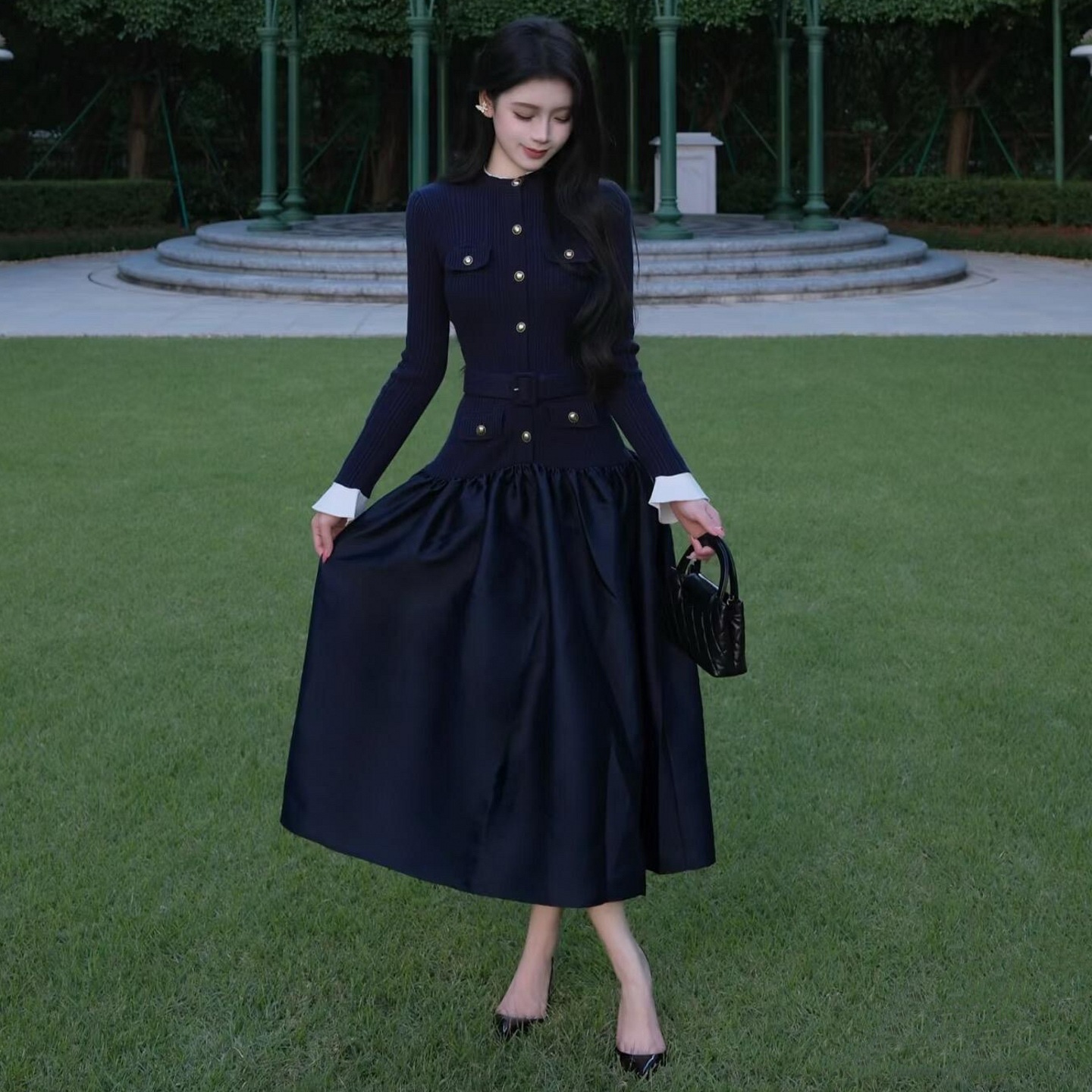 秋冬新款女装深蓝色小香名媛风针织拼接长袖连衣裙显瘦蓬蓬长裙子