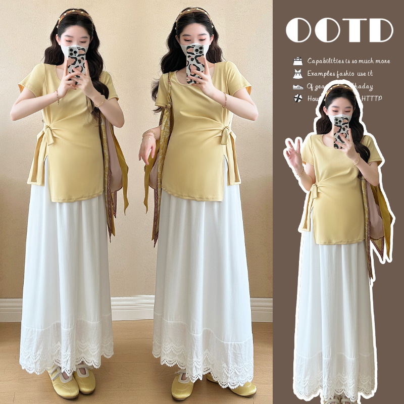 Maternity Summer Outfit Trendy Mom New Design Loose Top and Skirt Two-Piece Set Fashionable Stylish Women