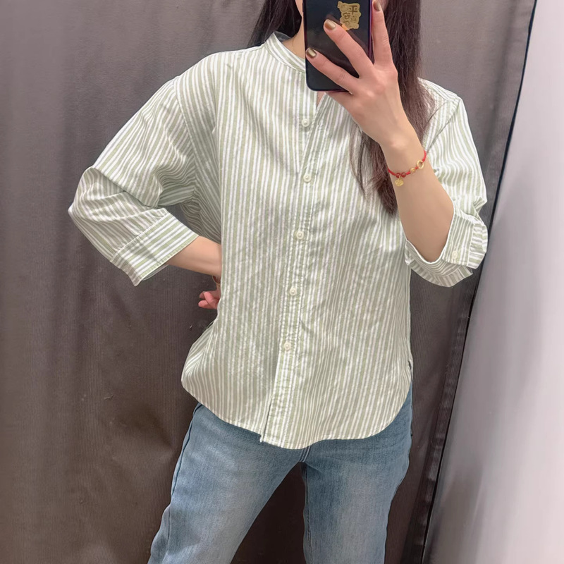 Women's Spring and Summer Linen Blend Stand-Collar Shirt with 7/8 Sleeves, Striped Single-Breasted Top L483873/483874 Women's Spring and Summer Linen Blend Stand-Collar Shirt with 7/8 Sleeves, Striped Single-Breasted Top L483873/483874