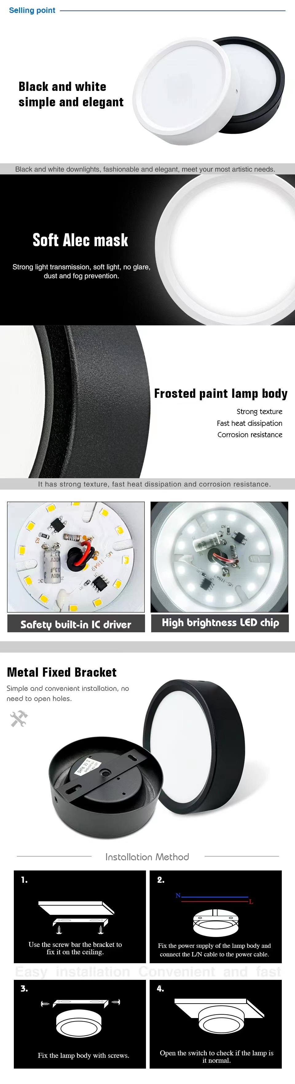 Description Picture 5 of itemLed Bright downlight 9W/12W/15W/18W thick thin no-hole ceiling installation downlight hotel hallway bedroom household AC220V