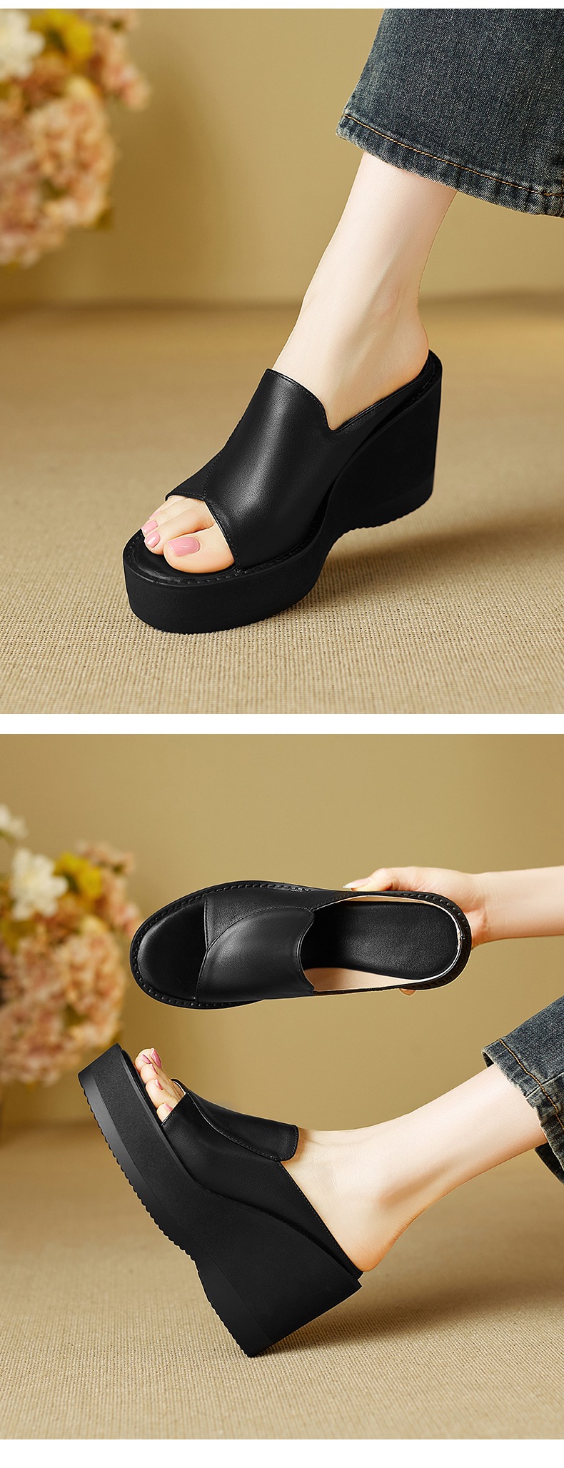 Dép sandal nữ quai chữ V đế xuồng cao gót 9 cm da bò mũi cá — đen chi tiết 8