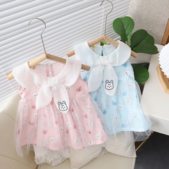 Korean girls' bunny dress 2023 summer fashion cute pink navy style large stand-up collar cartoon mesh dress