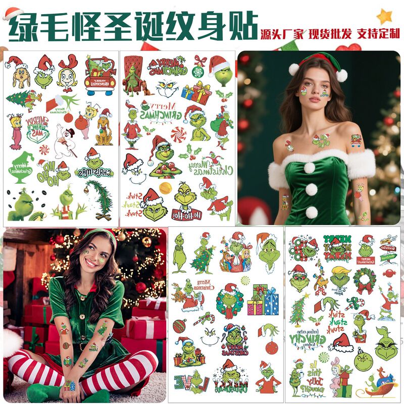 Cross-Border New Product Christmas Tattoo Stickers Grinch Green-Haired Monster Kidsren's Cartoon Theme Holiday Party Temporary Tattoo Stickers