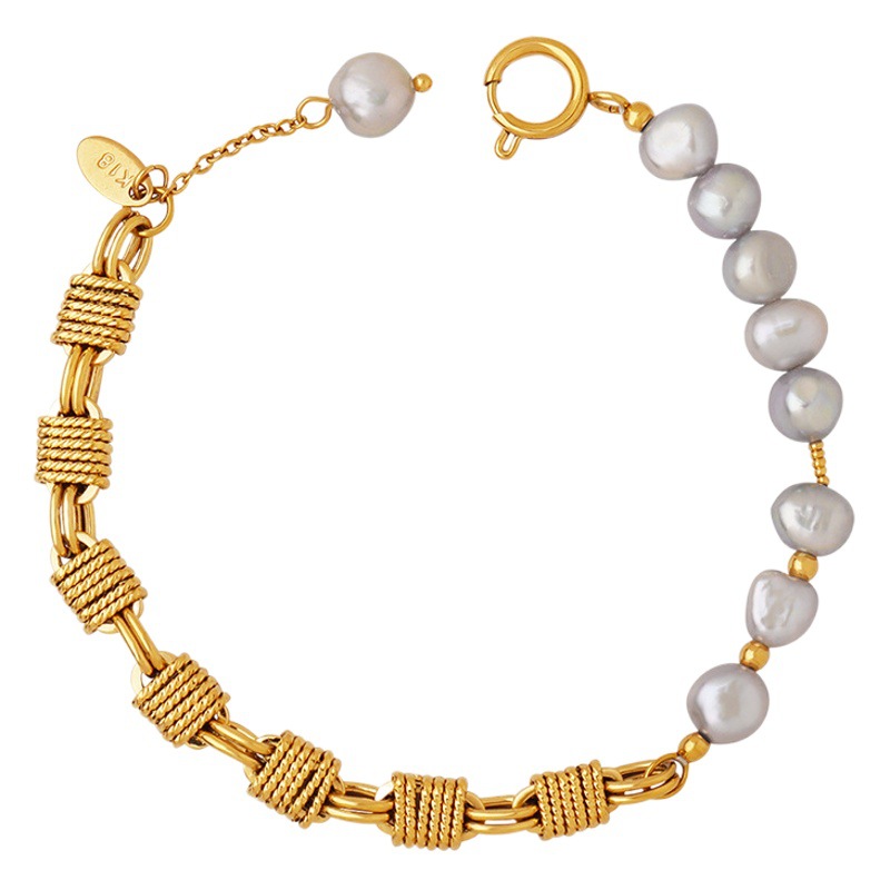 Hip hop no se desvanece estilo europeo y americano ins Cadena de cobre con pulsera de perlas de agua dulce gris joyería creativa para las mujeres