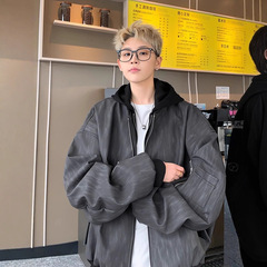 美式假两件连帽夹克男冬季潮大码PU皮外套高街百搭上衣男款灰色