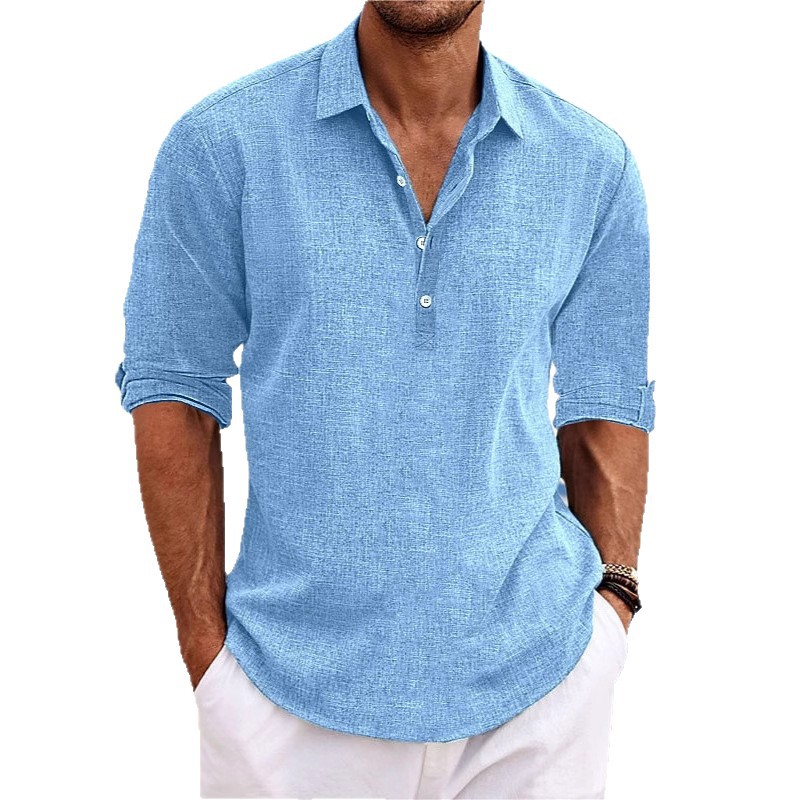 Spring/Summer Men's Fashionable Loose-Fitting Casual Long-Sleeved Collar Shirt With Buttoned Flap Collar_viptrois.com