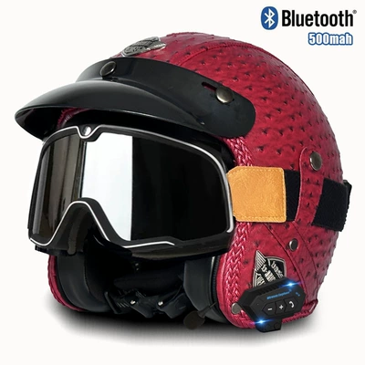electric car riding 3/4 half Motosiklet kaskı (dəbilqə) - v-red-pineapple-big-frame-goggles-bluetooth-s