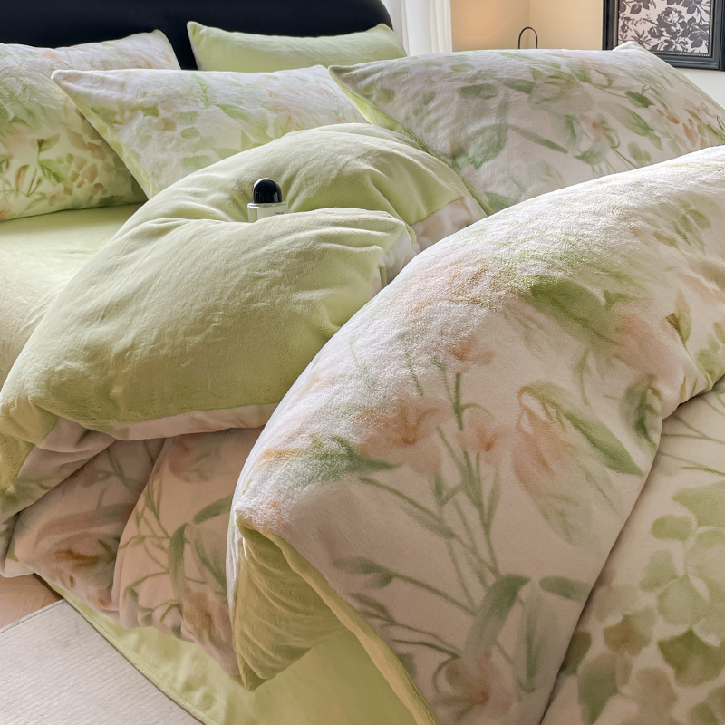 Otoño e invierno engrosado leche cama de cuatro piezas conjunto de coral cubierta de edredón de flanel doble sábanas de tres piezas conjunto