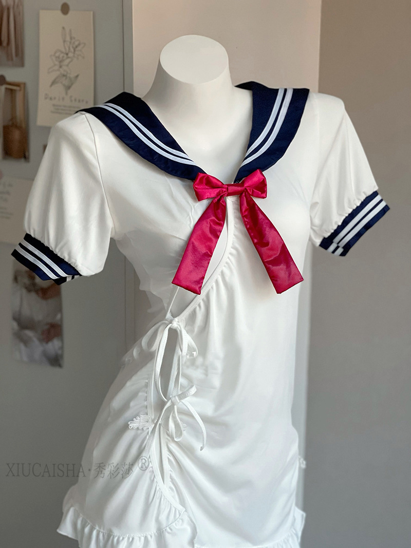 Xiuaisha Sailor-Style Student Roleplay Lingerie Set with Bow and Thong — detail image 13