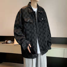 秋季新款潮流男士棋盘格外套格子牛仔外套翻领长袖印花工装夹克