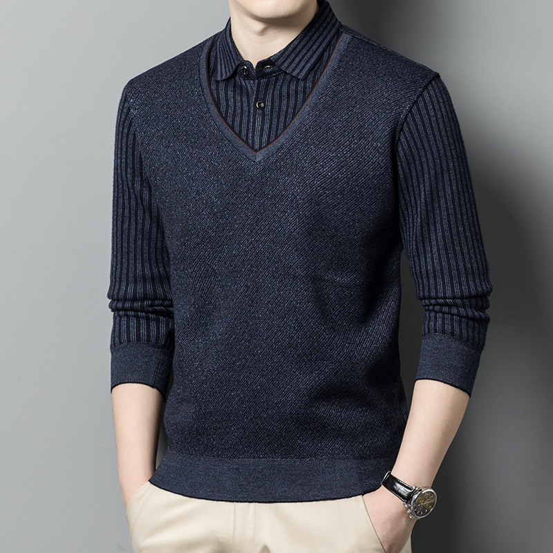 False Two-piece Sweaters Fleece-lined Casual Trendy Simple