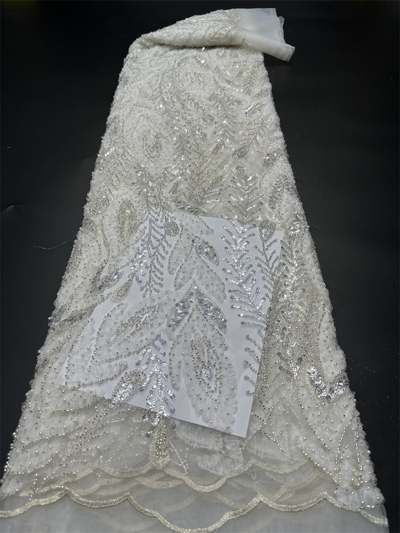 Tejido de tubo de perlas huecas tela bordada de tela de moda vestido de boda tela de encaje transfronterizo