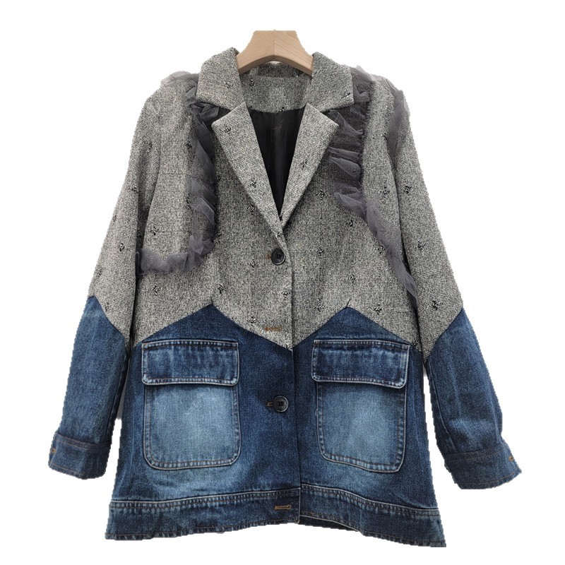 Saco Formal de Mezclilla con Malla para Mujer con Cuello de Solapa