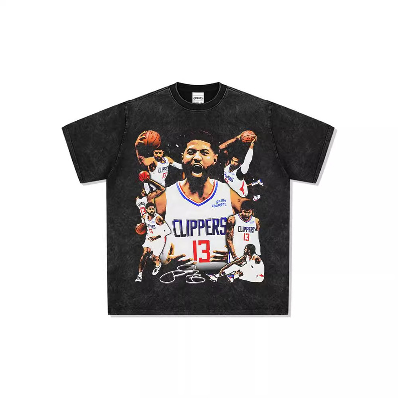 Cross-Border Bc Paul George American High Street Printed Long-Sleeved Short-Sleeved T-Shirt Vintage Washed